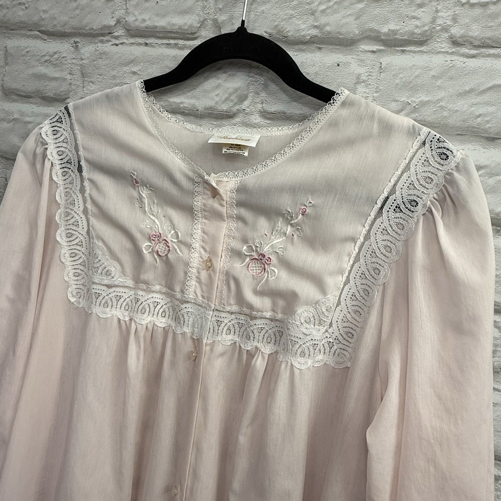 Vtg Barbizon Pink Lace Embroidered Long Sleeve Night Gown Babydoll‎ Sheer Sz M/L - Picture 6 of 16